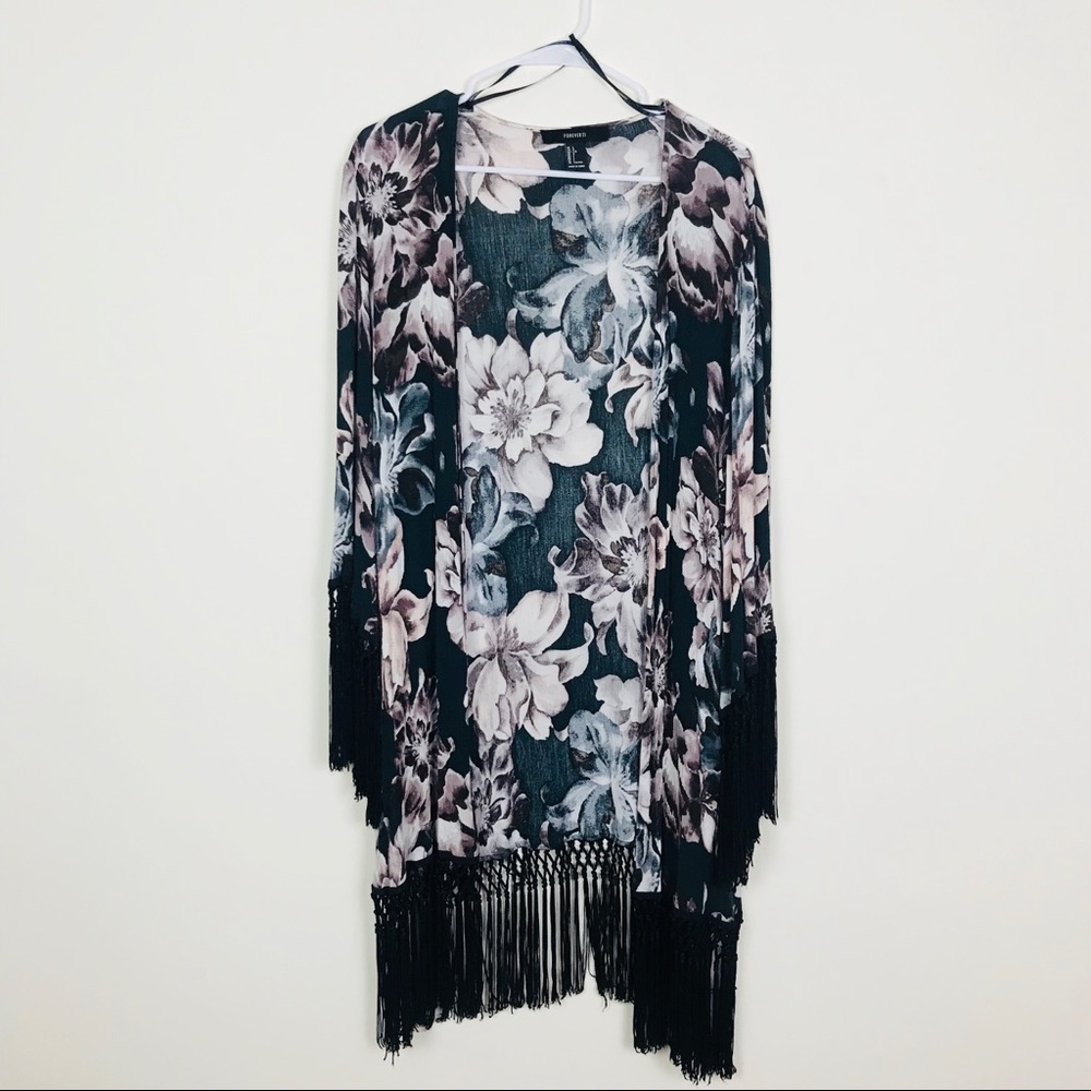 Forever 21 Floral Fringe Kimono - Black and Pink